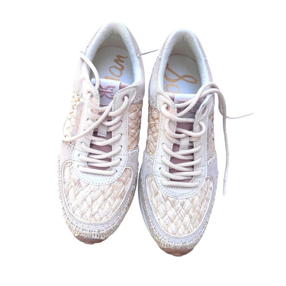 Sam Edelman Jianna Sneakers Size 9M Beige Woven Raffia Suede Platform Low Top
